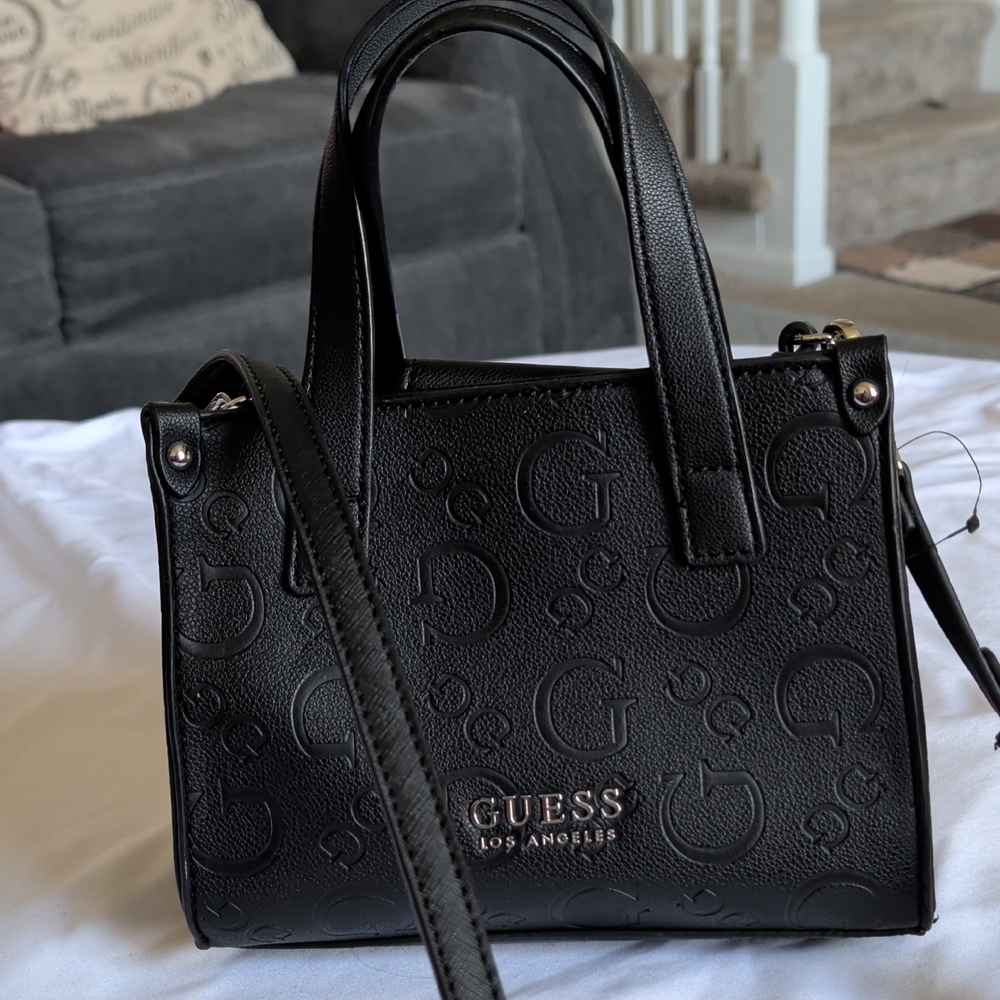 Guess Black Embossed Logo Satchel with Detachable Strap